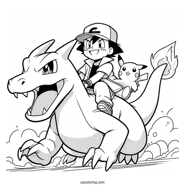 Coloring Sheet Of Ash And PIkachu Riding Charizard