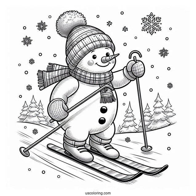 Young Snowman Skiing To Color