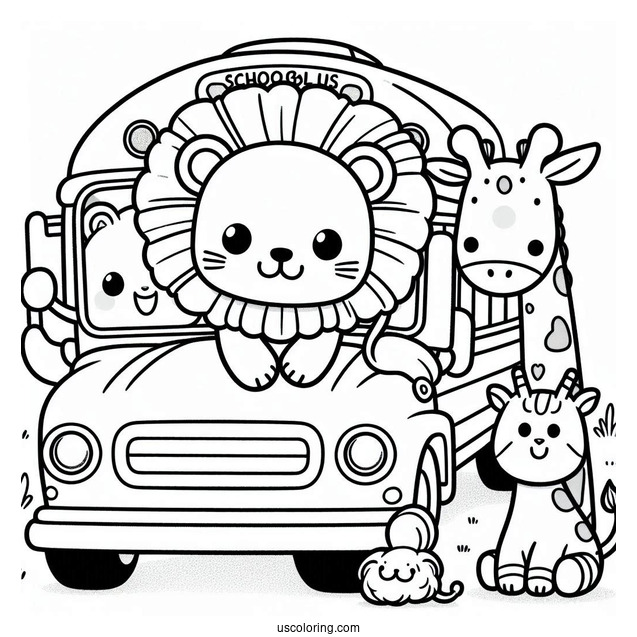 Kawaii Lion, Elephant, and Giraffe on School Bus Coloring Page For Kids