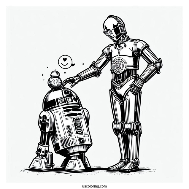 C3PO Petting R2-D2 Coloring Page