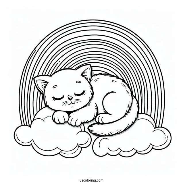 Kitten Sleeping On Top Of A Rainbow Coloring Page For Kids