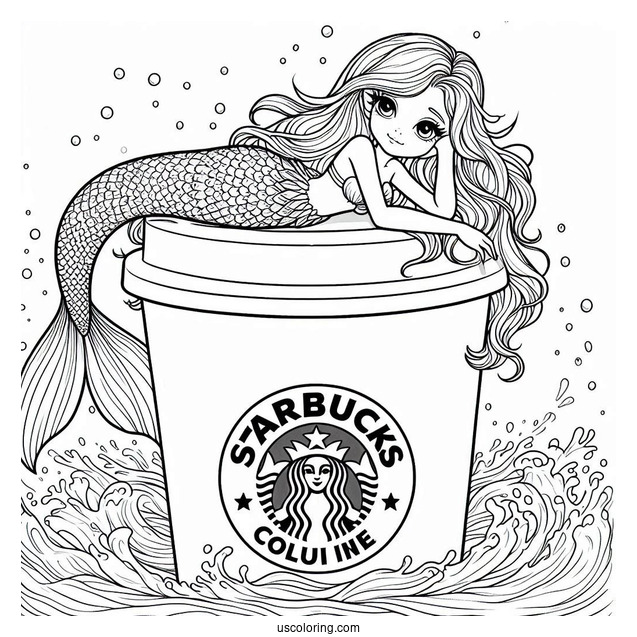 Beautiful Mermaid Resting On Top Of A Starbucks Coloring Page Cup Under The Sea