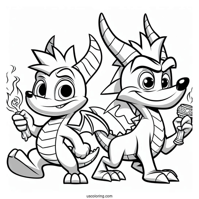 Cash Bandicoot Side By Side With Sypro Coloring Page