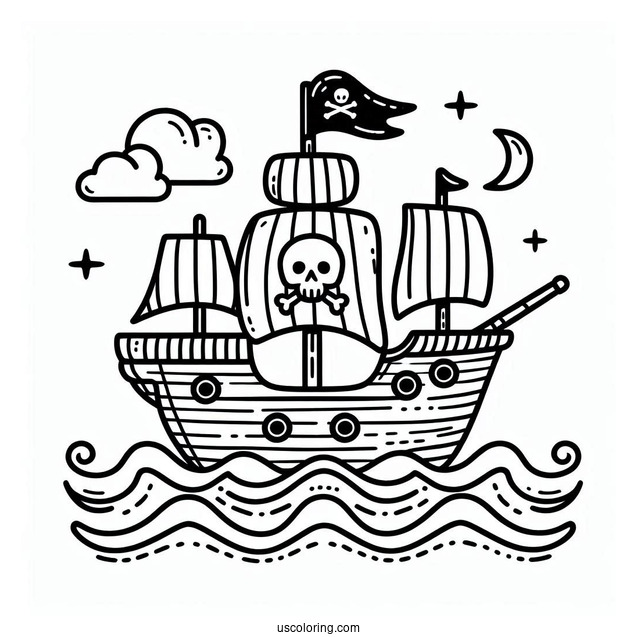 Easy Cute Pirate Ship Coloring Page With Waves For Preschoolers