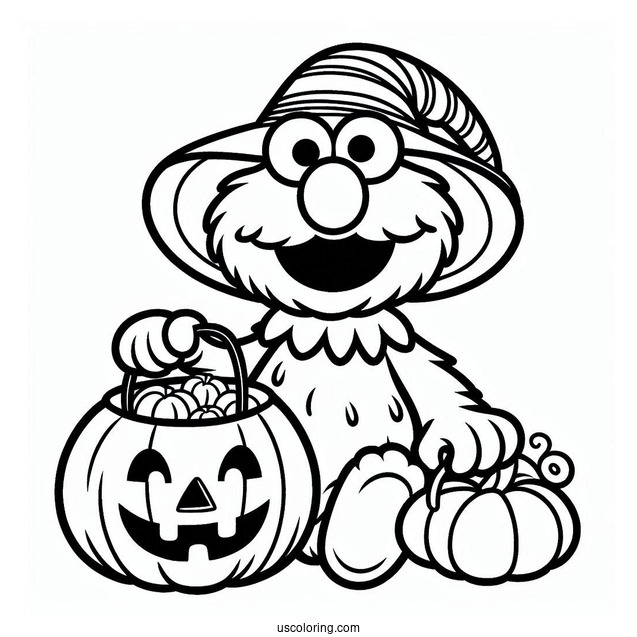 Elmo Trick-Or-Treating With Pumpkin To Color