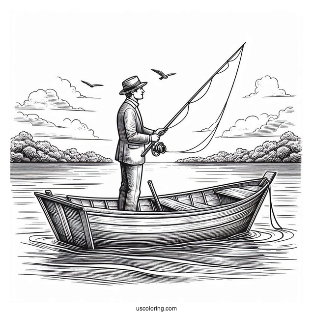 Realistic Man Standing In A Boat With Fishing Coloring Page Rod