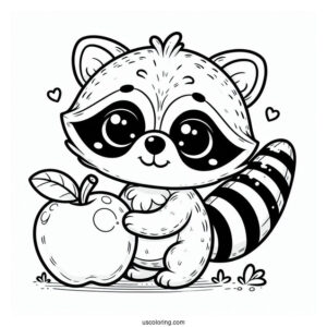 Easy Raccoon Coloring Page Holding Apple For Preschoolers