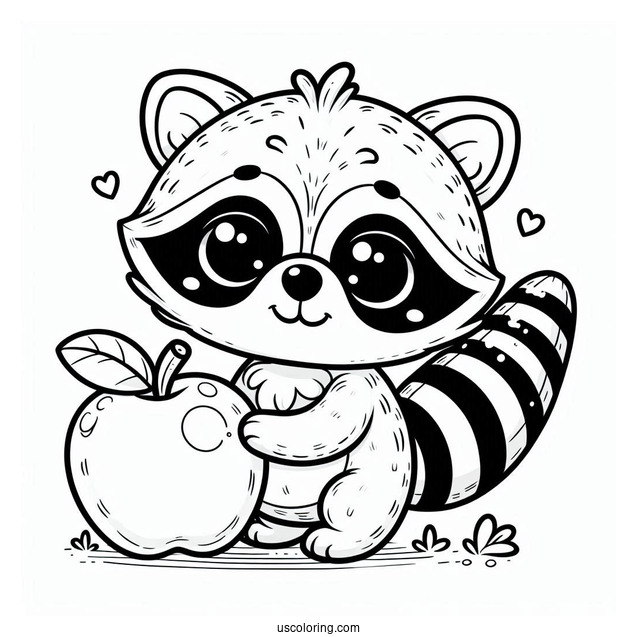 Easy Raccoon Coloring Page Holding Apple For Preschoolers