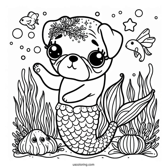 Mermaid Pug Coloring Page Under the Sea