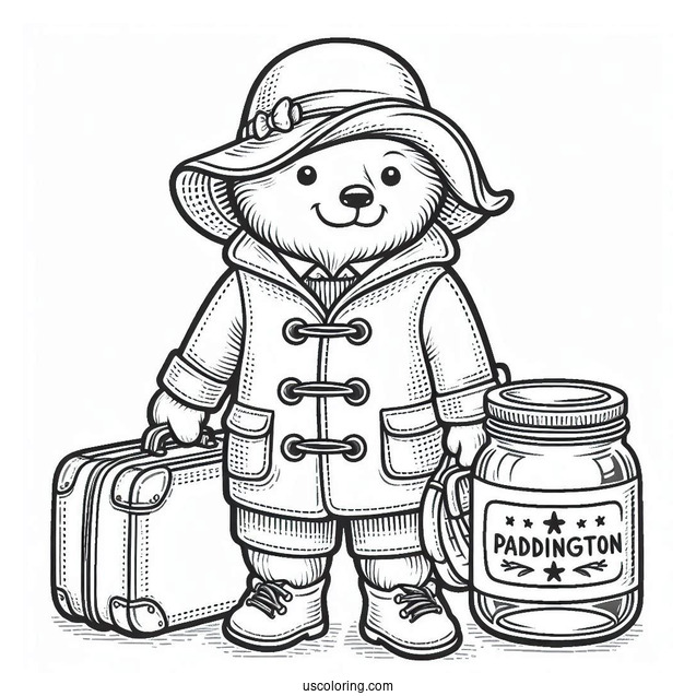 Easy Paddington Coloring Page Outline With Suitcase And Jar For Preschoolers