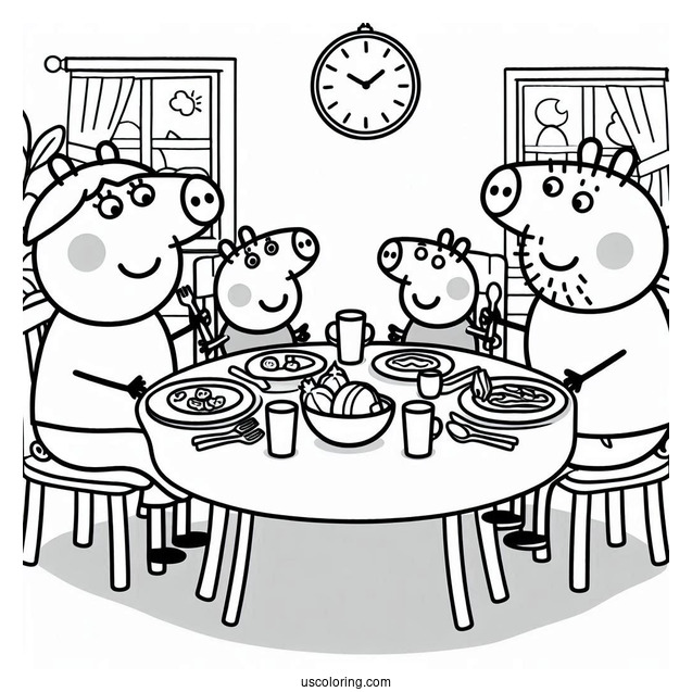 Peppa Pig Family Eating Dinner At Table Coloring