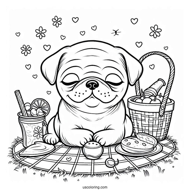 Peaceful Picnic with Pug Coloring Page Of Puppy