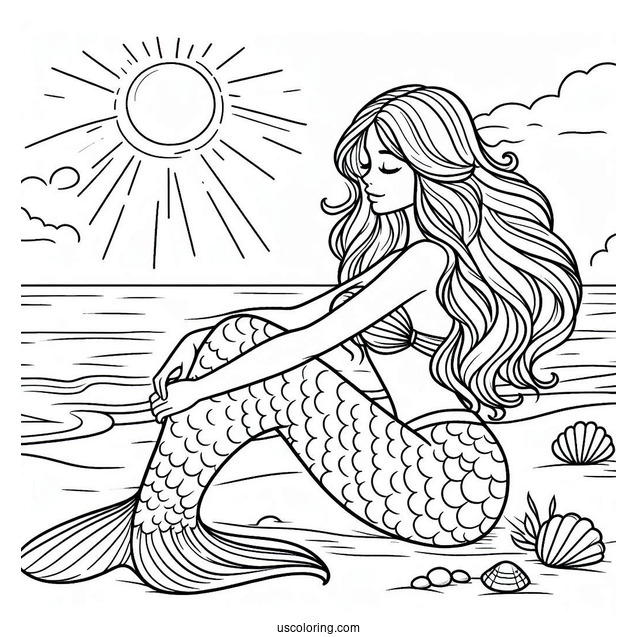 Mermaid Sitting On The Beach Coloring Sheet For Kids