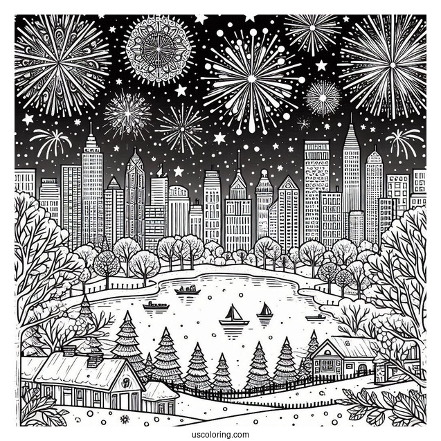 New Year Coloring Page Of Sky Covered With Fireworks In The City
