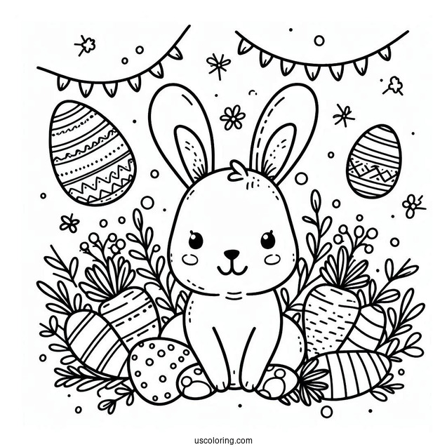 Happy Easter Coloring Page Bunny Ears, Eggs, And Carrot