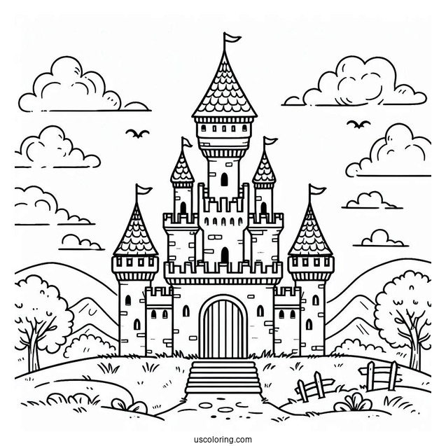 Simple Castle Coloring Page With High Tower In The Middle