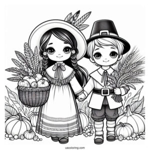 Girl Native American And Boy Pilgrim Coloring Page Carrying Harvest