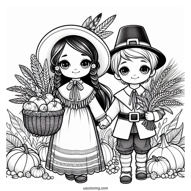 Girl Native American And Boy Pilgrim Coloring Page Carrying Harvest
