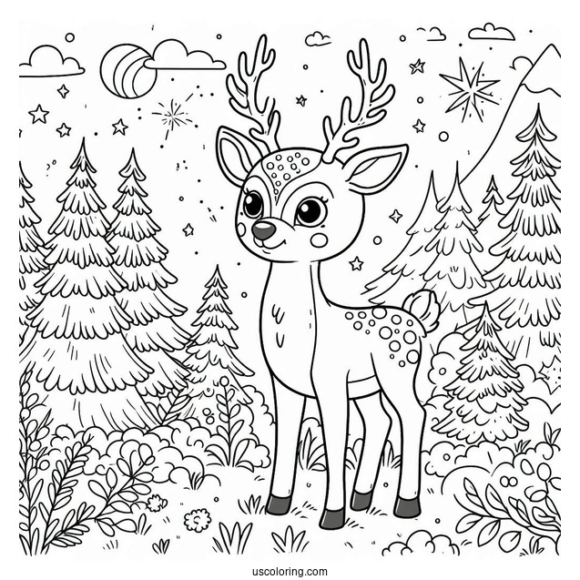 Rudolph Coloring Page In a Forrest