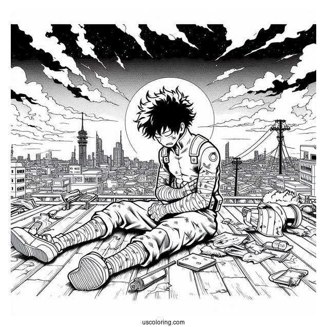 Deku Coloring Page Of Injured In Battle On Rooftop