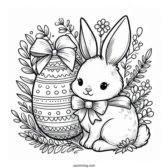 Easter Bunny Coloring Page With Large Bow And Easter Egg