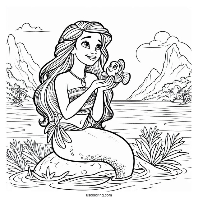 Moana And Ariel At Sea Coloring In