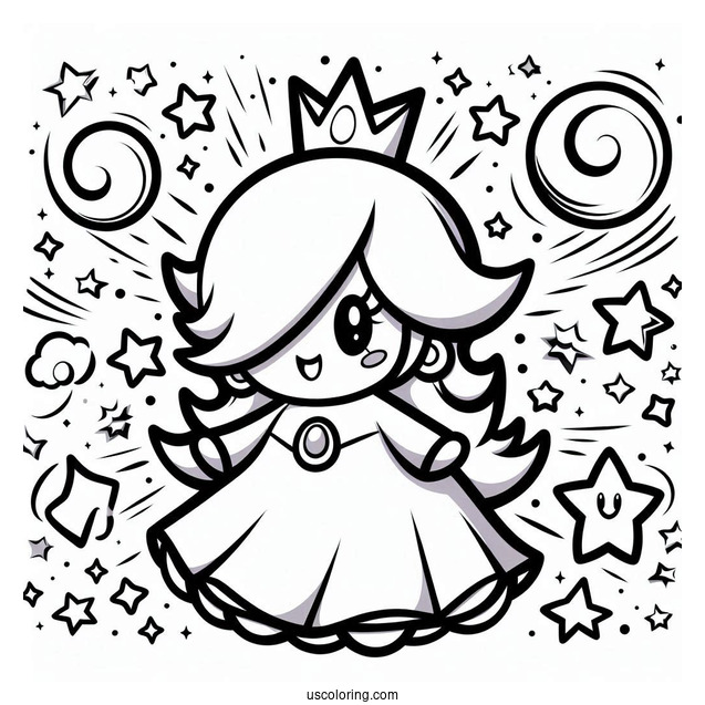 Easy Rosalina Coloring Page With Luma And Stars In Background