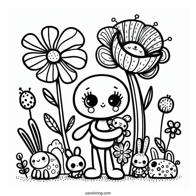 Poppy Playtime Coloring Page Of Mommy Long Legs, Huggy Wuggy, Kissy Missy, Poppy, Bron, Boogie Bot, And Bunzo Bunny