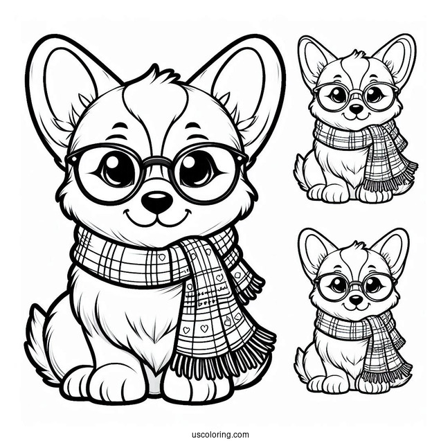Cute Corgi Coloring Page With Scarf And Eyeglasses For Preschoolers