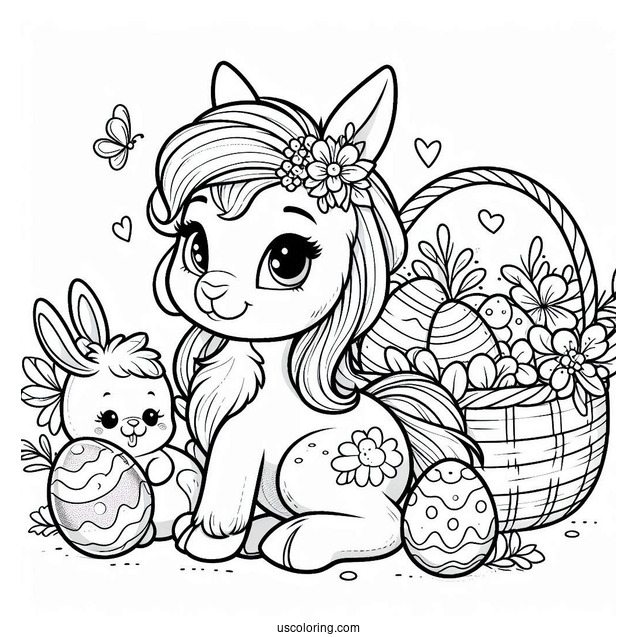 Easter Bunny With A Basket Of Easter Coloring Page Of Eggs Next To A Pony For Kids