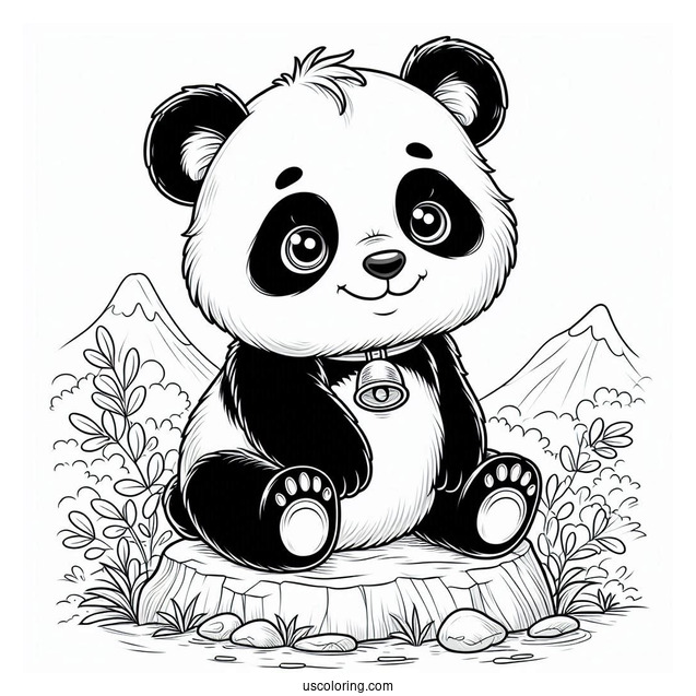 Adorable Panda Coloring Page With Bell Collar Sitting on a Rock For Kids