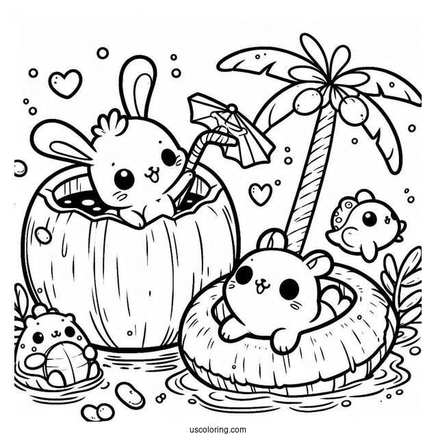 Kawaii Animals Swimming In A Coconut Coloring Page Drink