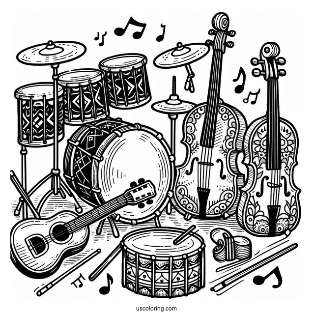 Music Coloring Page Of Drum, Guitar, Violin, Tambourine, And Piano