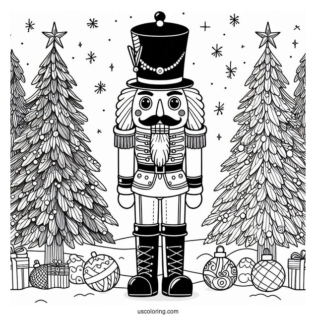 Nutcracker Coloring Page Standing In Front of Two Christmas Trees