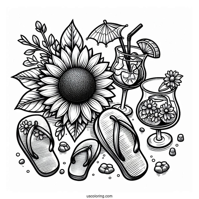 Summer Coloring Page Of Sunflower, Flip Flops, And Cocktails