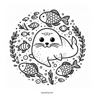 Simple Seal Coloring Page Surrounded By Fish