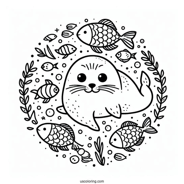 Simple Seal Coloring Page Surrounded By Fish