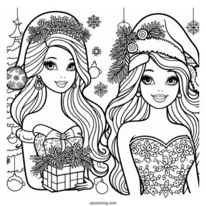 Christmas Themed Barbie Coloring Page