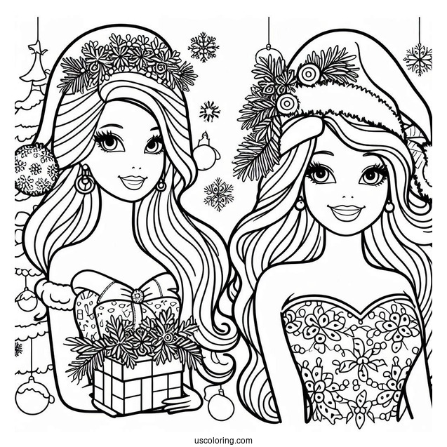 Christmas Themed Barbie Coloring Page