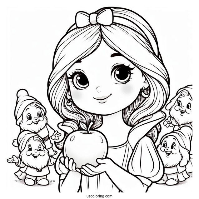 Coloring Page Of Show White Holding Apple With Dwarfs