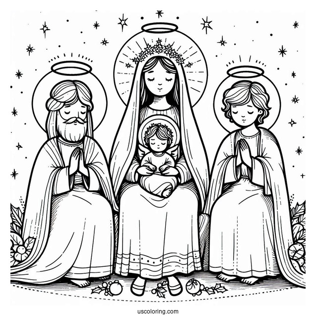 Nativity Coloring Page Of Joseph, Mary, And Jesus With Haloes