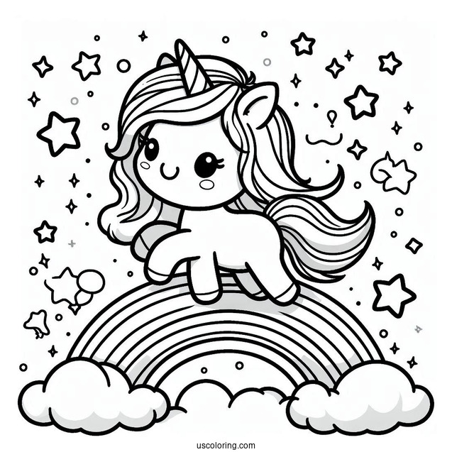 Chibi Coloring Page Unicorn Trotting Across a Rainbow with Sparkling Stars