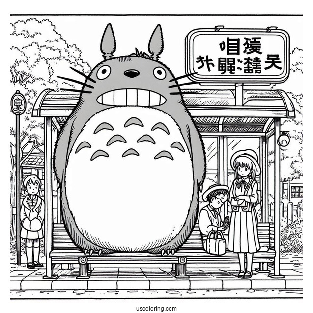 Studio Ghibli Coloring Page of Iconic My Neighbor Totoro At Bus Stop Poster