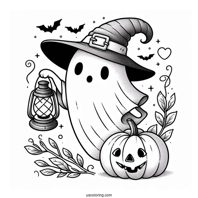 Ghost Pumpkin Coloring Page With Cape And Witch Hat Holding A Lantern