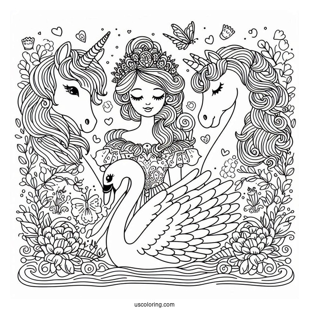 Swan Princess Barbie With Unicorn Coloring Sheet