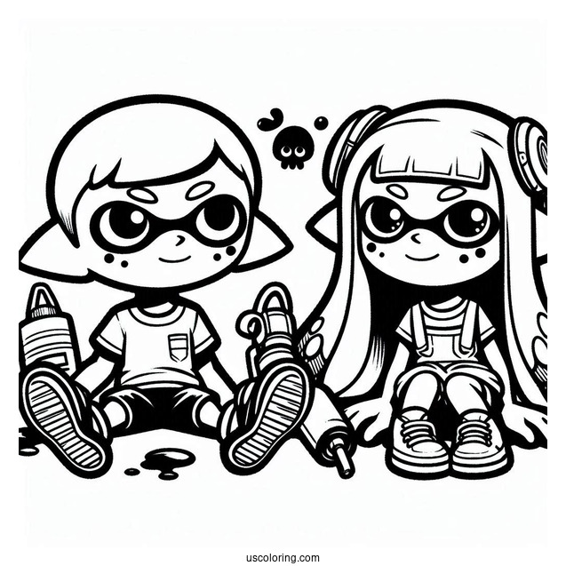 Splatoon Coloring Page Of Orange Inkling Boy Sitting Next To Blue Inkling Girl After Battle