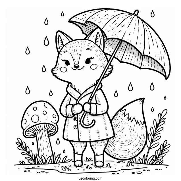 Fox Coloring Page In A Raincoat With Umbrella Standing On A Mushroom