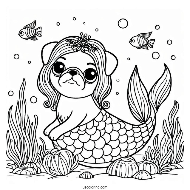 Mermaid Pug Coloring Page Under the Sea