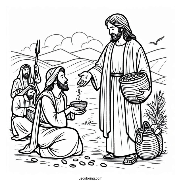 Jesus Coloring Page Distributing Food To His Followers