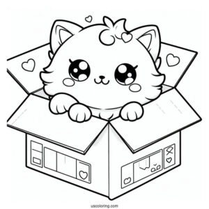 Kawaii Cat In Box Coloring In